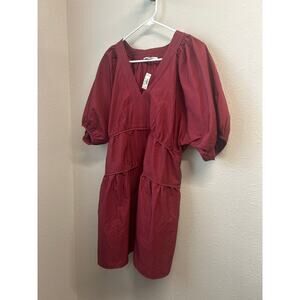 NWT Madewell Puff-Sleeve Mini Dress Poplin Fall Photos Tiered 100% cotton pocket